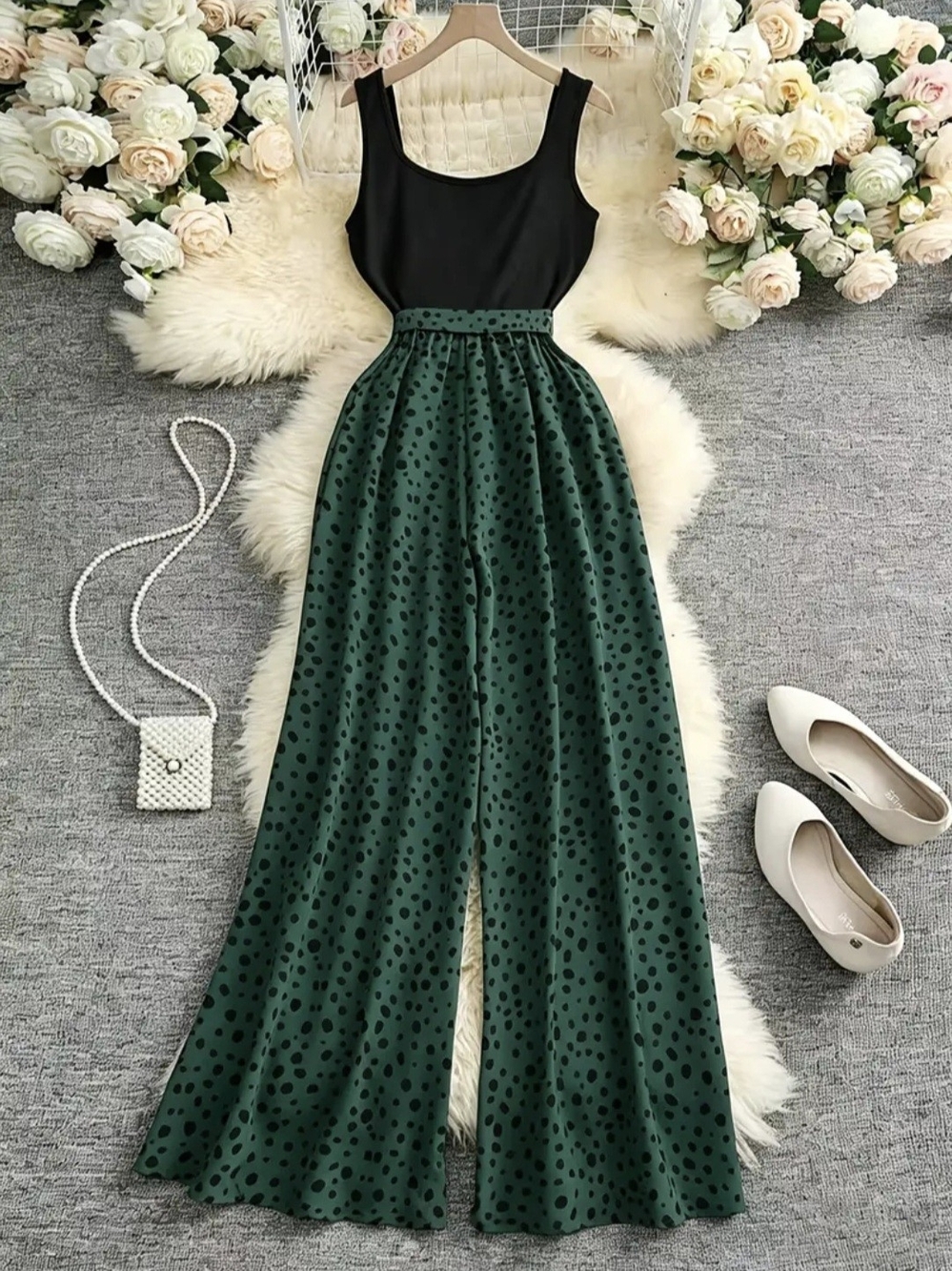 Elegant Black & Green Polka Dot Wide-Leg Jumpsuit